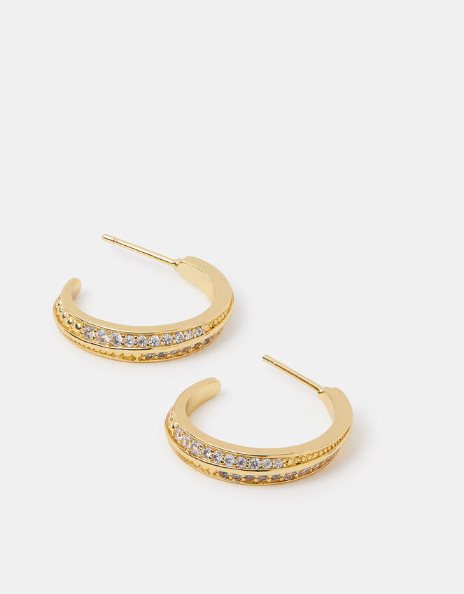14ct Gold-Plated Diamanté Crescent Hoop Earrings, , large