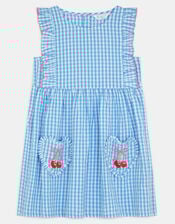 Girls Cherry Gingham Dress, Blue (BLUE), large