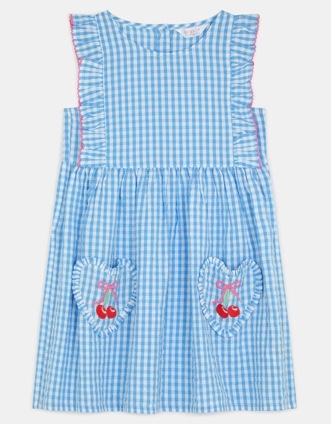 Girls Cherry Gingham Dress, Blue (BLUE), large