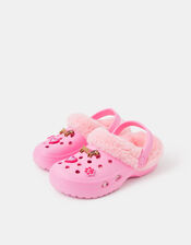 Girls Dog Charm Faux Fur Lined Clogs, Pink (PINK), large