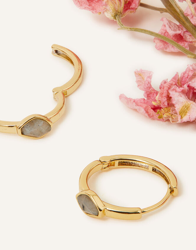14ct Gold-Plated Front Facing Labradorite Huggie Hoops, , large