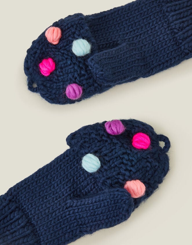 Girls Pom Pom Fingerless Mitten Gloves, Blue (NAVY), large