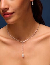 Sterling Silver-Plated Pearl Lariat Necklace, , large