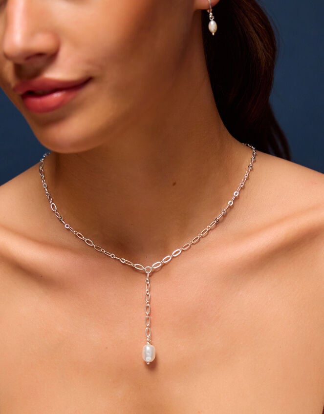 Sterling Silver-Plated Pearl Lariat Necklace, , large