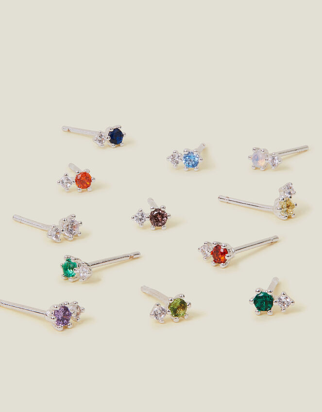 Sterling Silver-Plated Birthstone Stud Earrings, Silver (ST SILVER), large