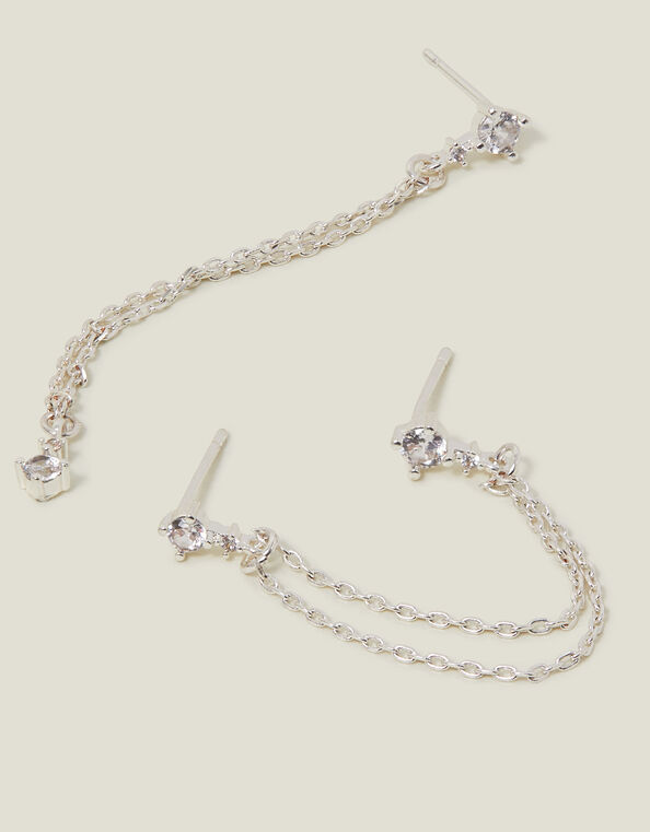 Sterling Silver-Plated Diamante Chain Drop Earrings, , large