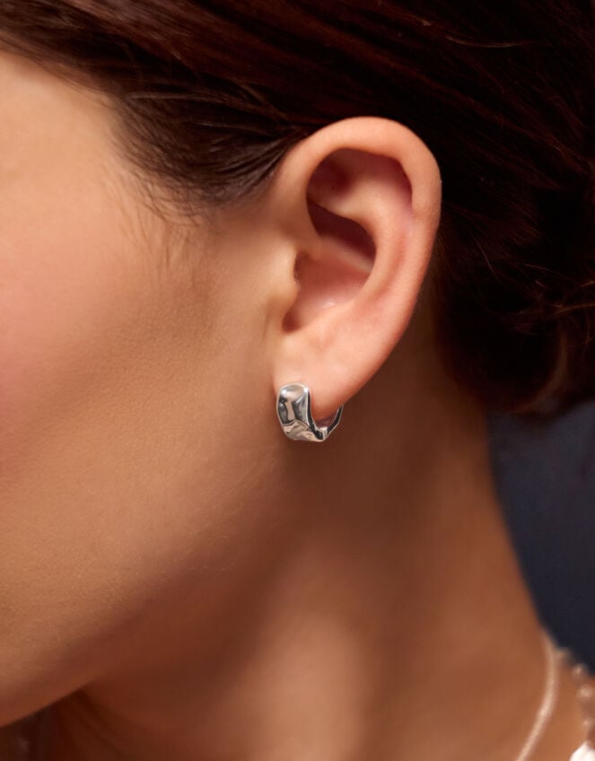 Sterling Silver-Plated Molten Huggie Hoop Earrings, , large