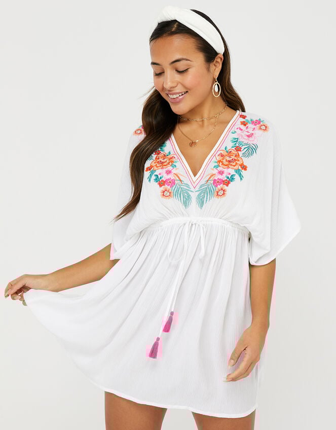 Crinkled Kaftan with Floral Embroidery, White (WHITE), large