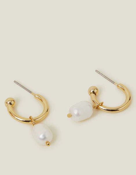 14ct Gold-Plated Pearl Drop Hoop Earrings, , large