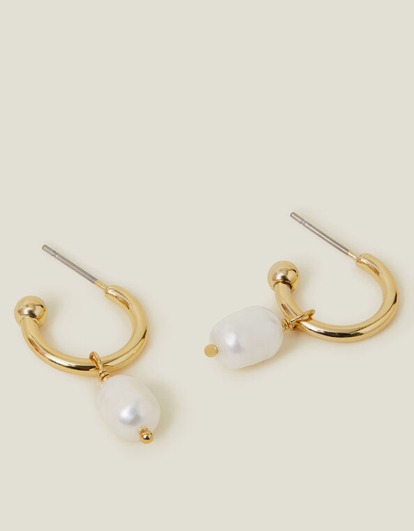 14ct Gold-Plated Pearl Drop Hoop Earrings, , large