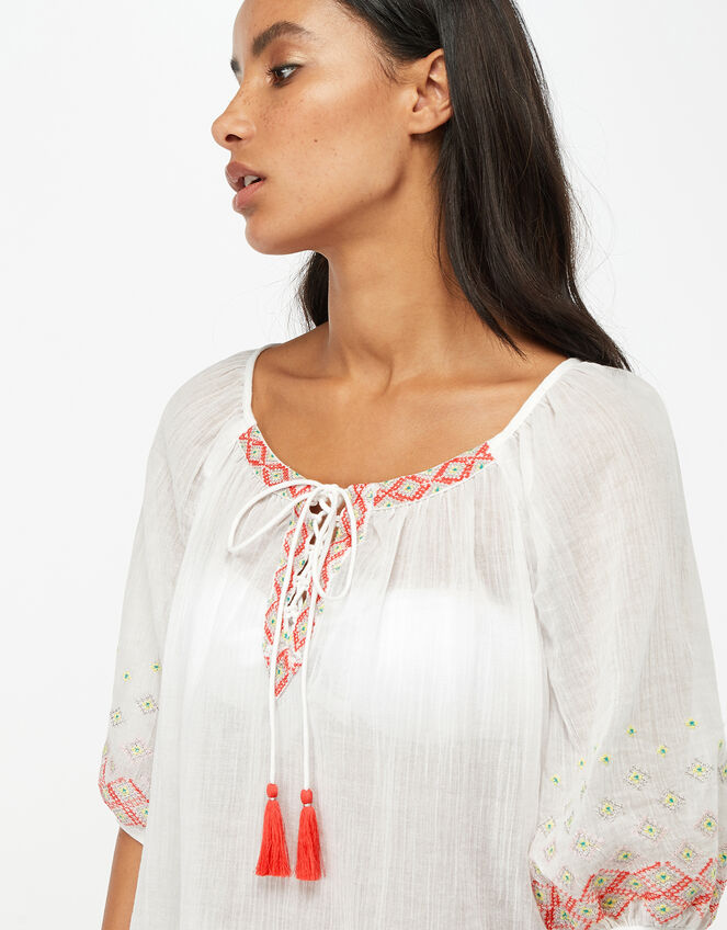 Evie Embroidered Cotton Crop Sleeve Dress, White (WHITE), large