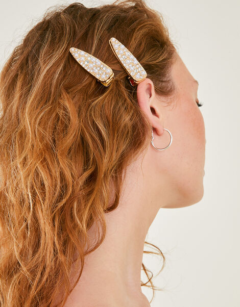 Pearl and Diamante Encrusted Hair Clips Set of Two, , large