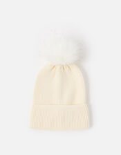 Knit Pom-Pom Beanie with Recycled Fabric, Natural (NATURAL), large