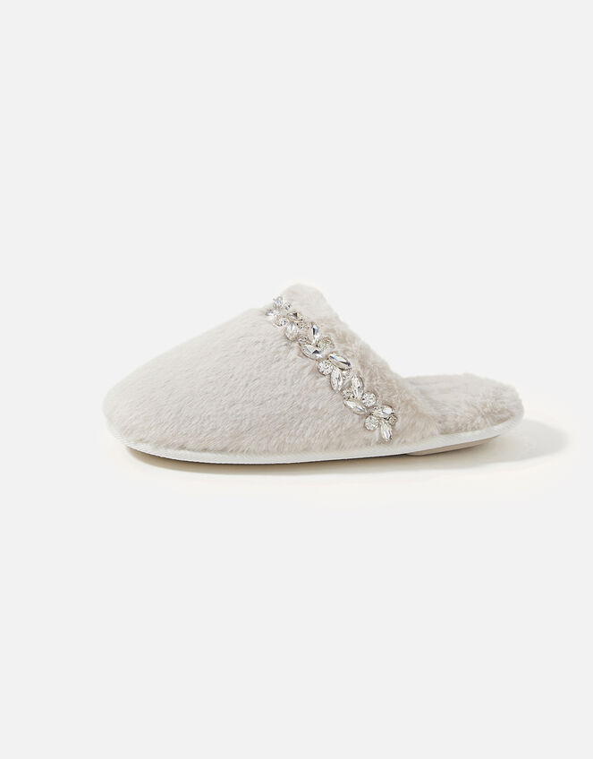 Gem Embellished Faux Fur Slippers, Cream (CREAM), large