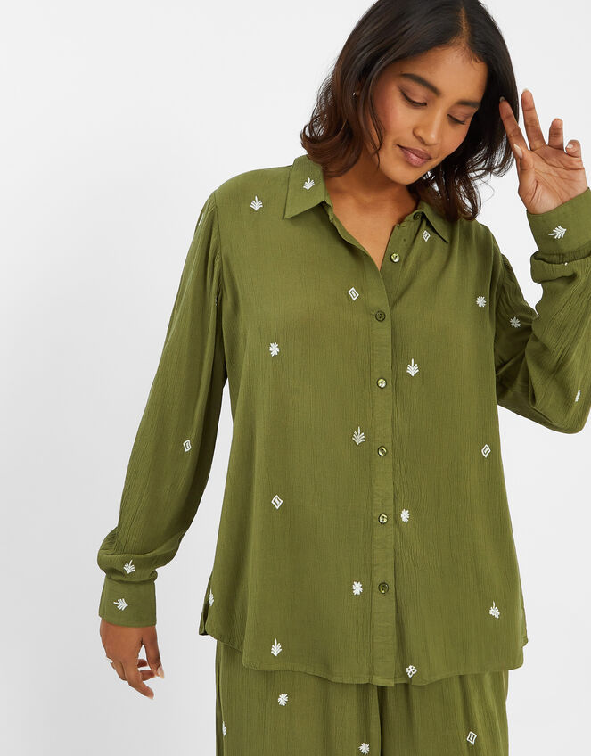 Embroidered Crinkle Shirt, Green (KHAKI), large
