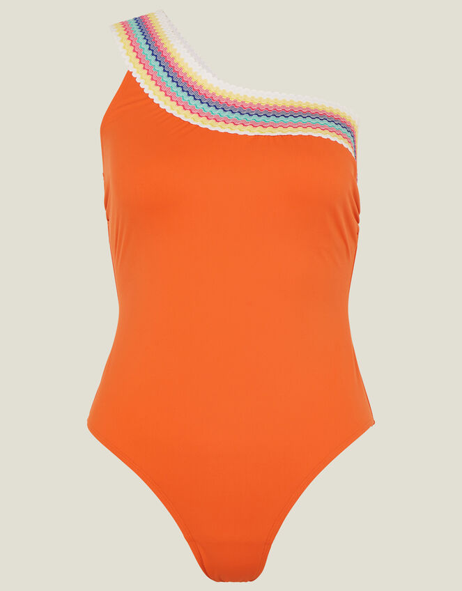 One-Shoulder Trim Swimsuit, Orange (ORANGE), large