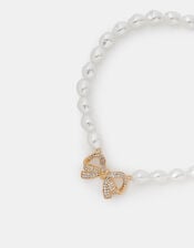 Diamanté Bow Pearl Necklace, , large