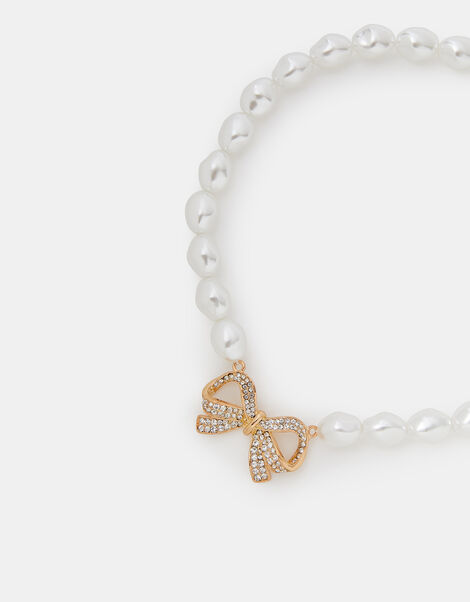 Diamanté Bow Pearl Necklace, , large