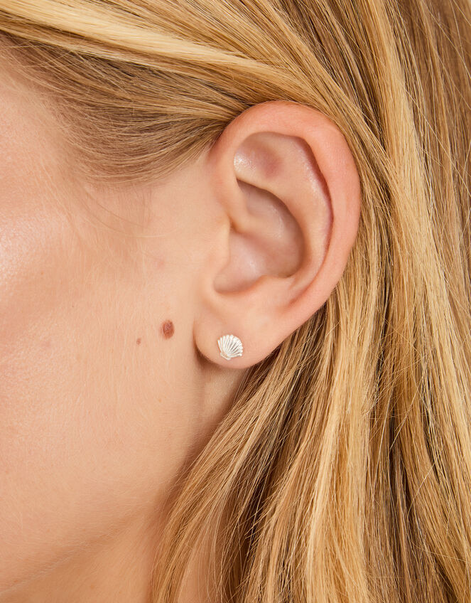 Sterling Silver Seashell Stud Earrings, , large