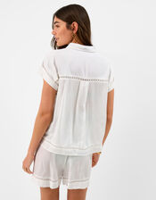 Lace Trim Linen Blend Shirt , White (WHITE), large