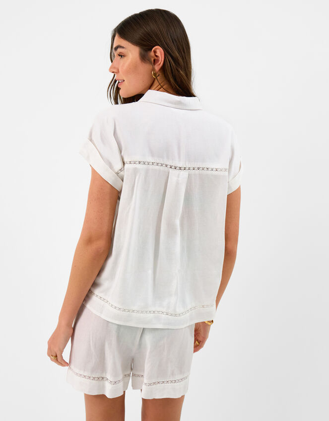 Lace Trim Linen Blend Shirt , White (WHITE), large