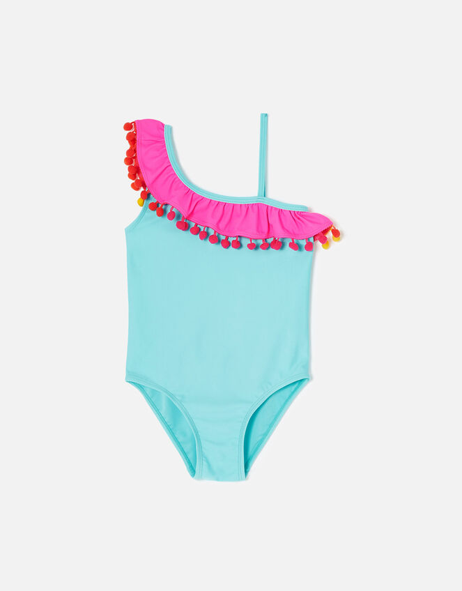 Girls Pom-Pom Frill Asymmetrical Swimsuit, Blue (AQUA), large