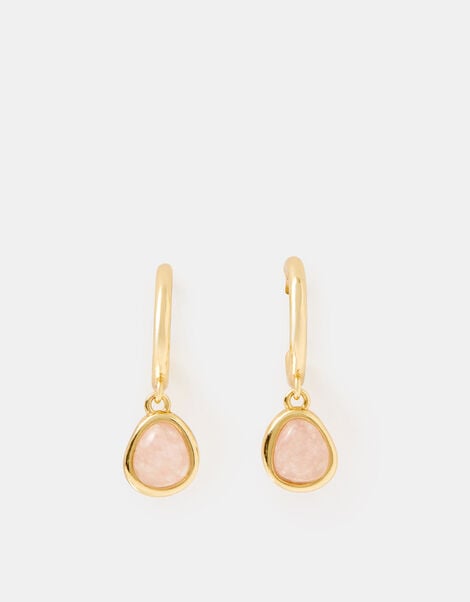 14ct Gold-Plated Rose Quartz Drop Hoop Earrings, , large