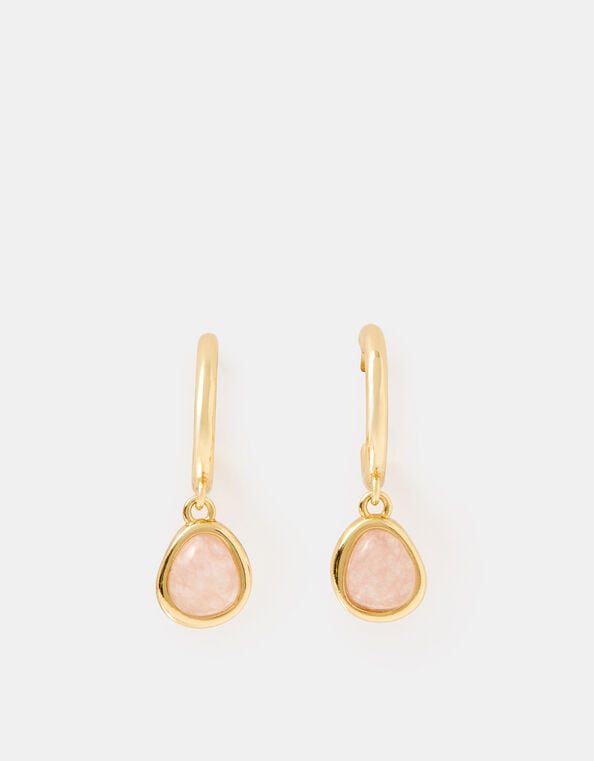 14ct Gold-Plated Rose Quartz Drop Hoop Earrings, , large