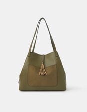 Slouchy Tassel Charm Shoulder Bag, Green (OLIVE), large