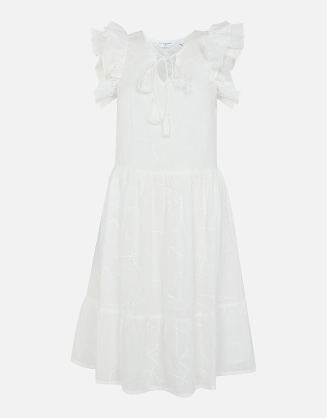 Broderie Frill Shoulder Midi Dress , White (WHITE), large