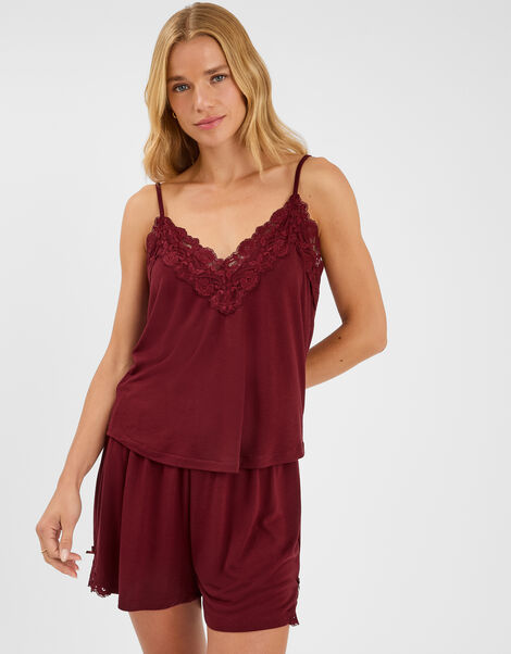 Lace Trim Short Pyjamas Set, Red (BURGUNDY), large