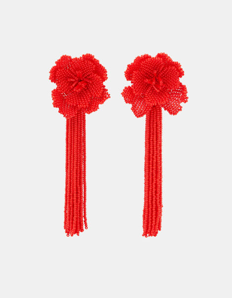 Beaded Flower Tassel Drop Earrings, , large