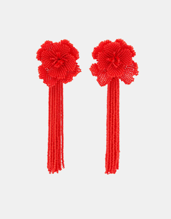 Beaded Flower Tassel Drop Earrings, , large