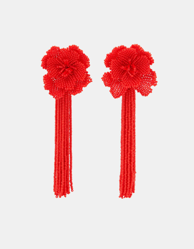 Beaded Flower Tassel Drop Earrings, , large