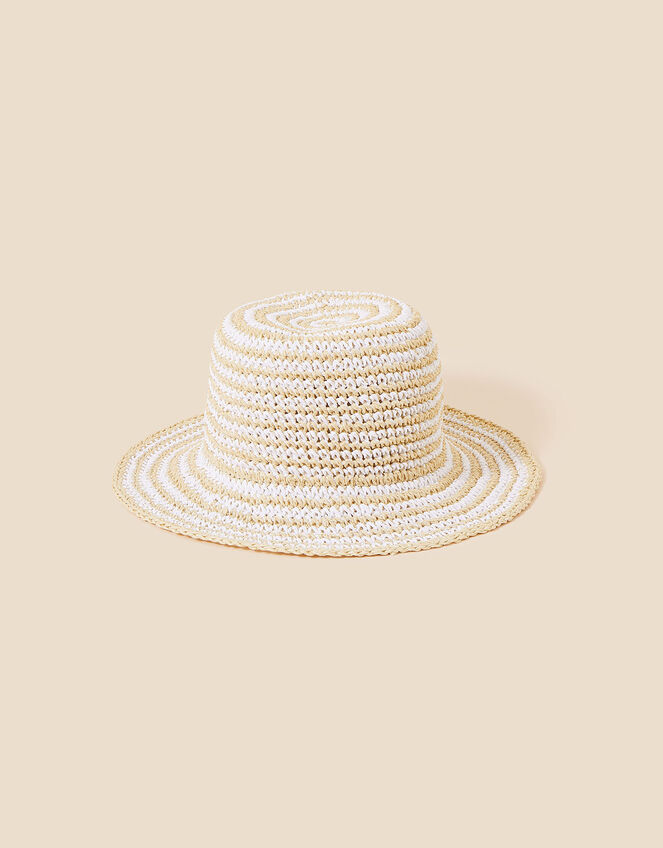 Stripe Crochet Bucket Hat, White (WHITE), large