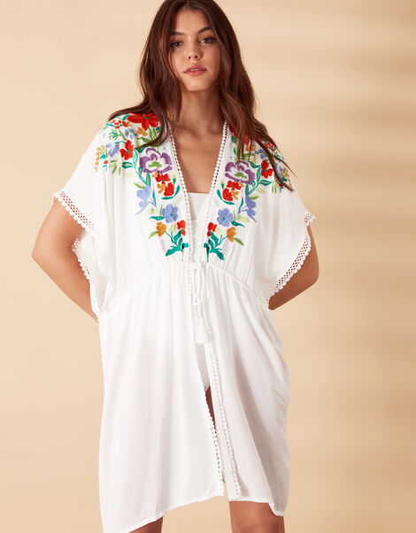 Abstract Floral Embroidered Kimono in LENZING™ ECOVERO™  White, White (WHITE), large