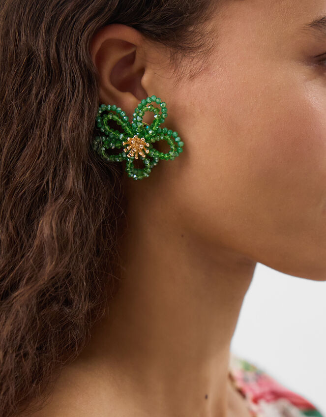 Beaded Flower Stud Earrings, , large