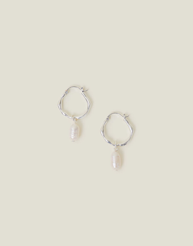Sterling Silver-Plated Molten Pearl Drop Hoops, , large