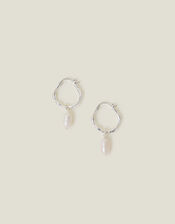 Sterling Silver-Plated Molten Pearl Drop Hoops, , large