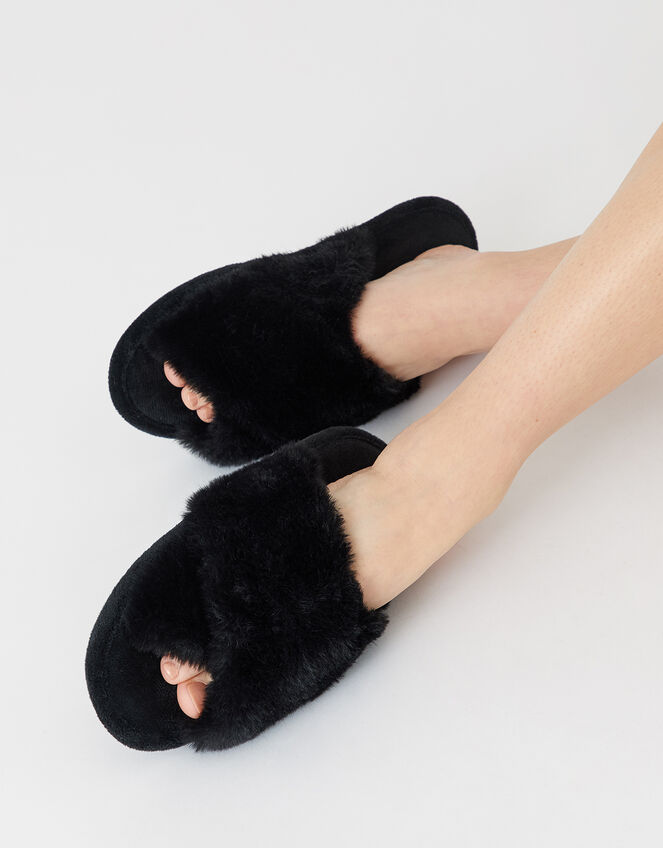 Fluffy Peep-Toe Slipper Sliders, Black (BLACK), large