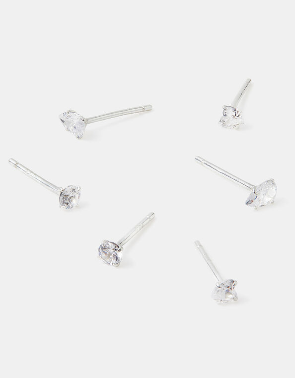 3-Pack Sterling Silver Diamanté Stud Earrings, , large