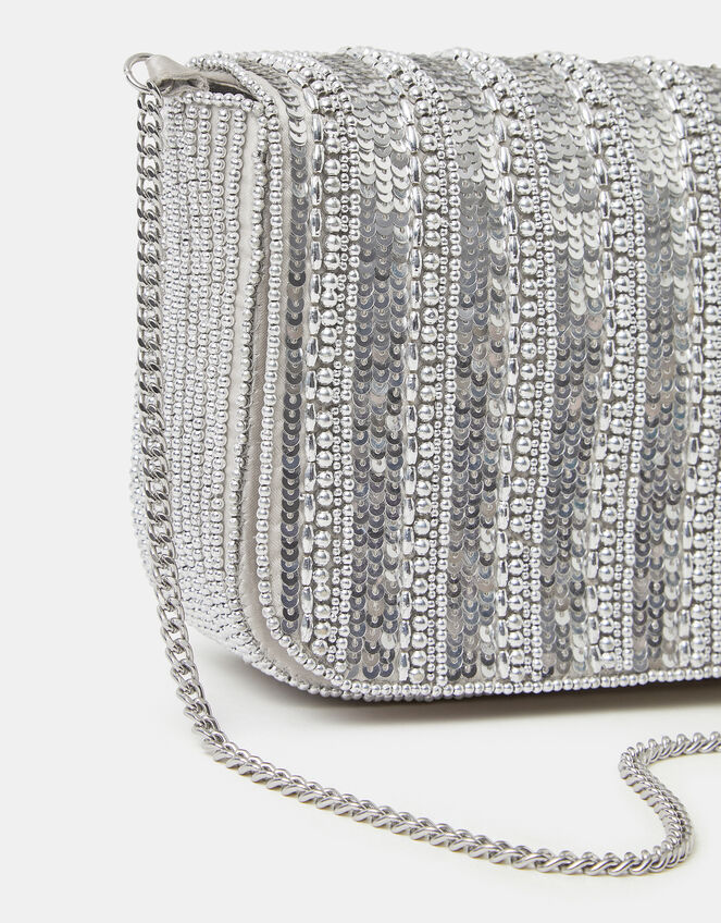Beaded Fold-Over Clutch Bag, Silver (SILVER), large