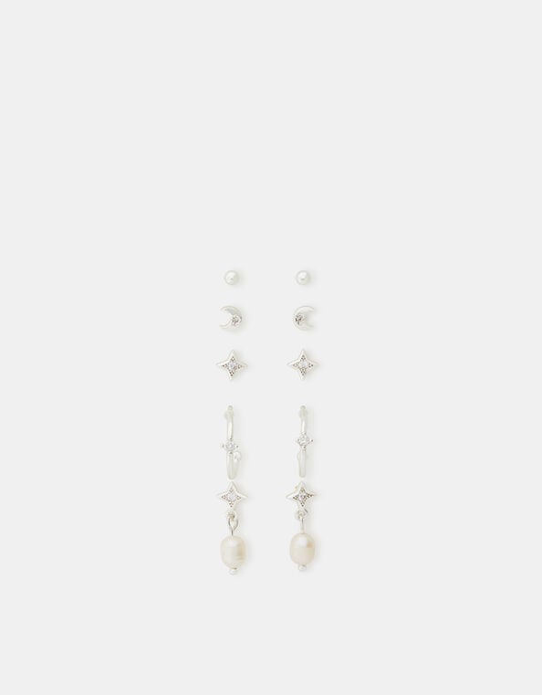 5-Pack Sterling Silver-Plated Sparkle Pearl Earrings, , large