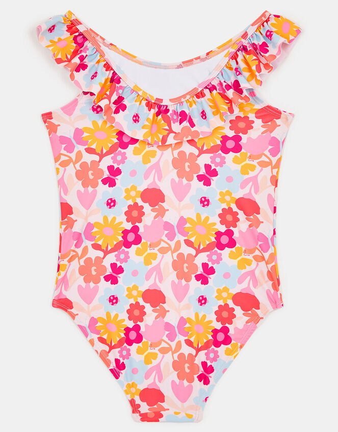Girls Floral Print Frill Swimsuit, Multi (BRIGHTS MULTI), large