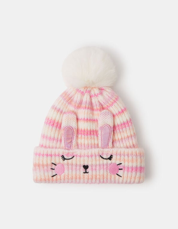 Girls Bunny Stripe Bobble Hat, Multi (PASTEL MULTI), large