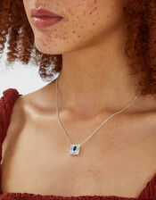 Sterling Silver-Plated Stone Square Pendant Necklace, , large