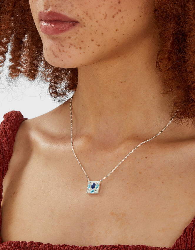 Sterling Silver-Plated Stone Square Pendant Necklace, , large