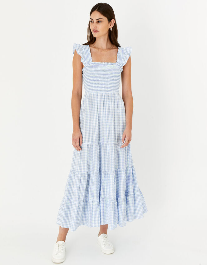 Gingham Tiered Maxi Dress , Blue (LIGHT BLUE), large