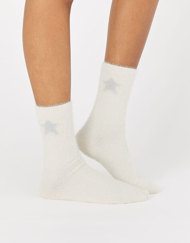 Star Design Fluffy Sock, Ivory (IVORY), large