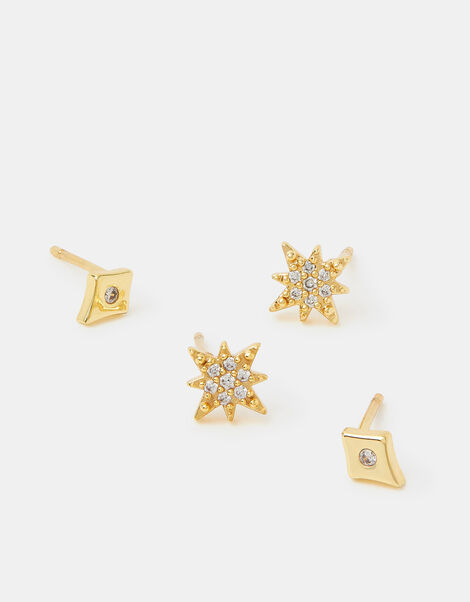 2-Pack 14ct Gold-Plated Diamanté Star Stud Earrings, , large